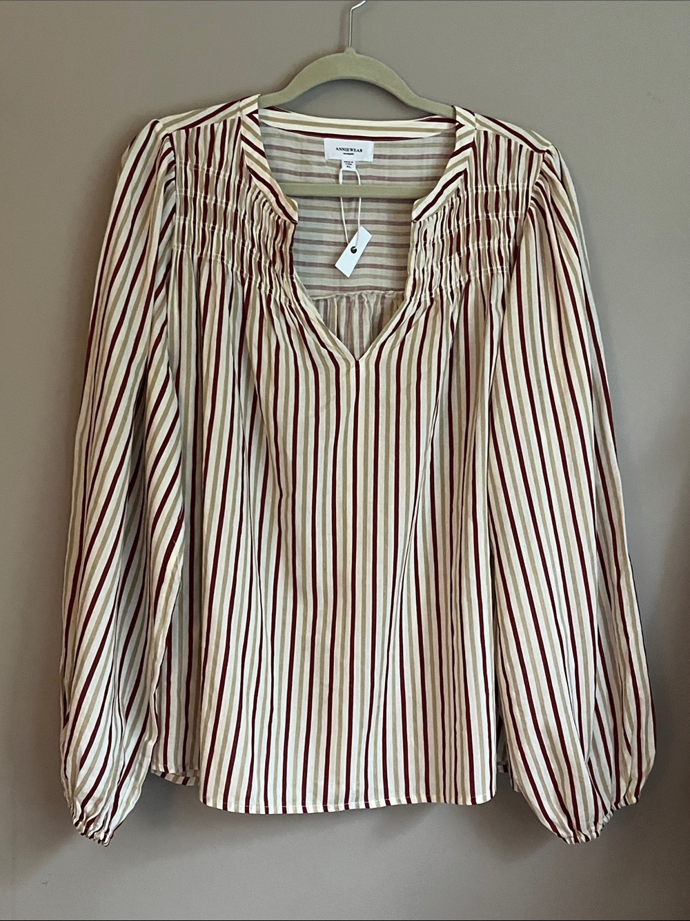 Anniewear Multi Stripe Tan/Red Smocked Notched Neck Blouse size XL